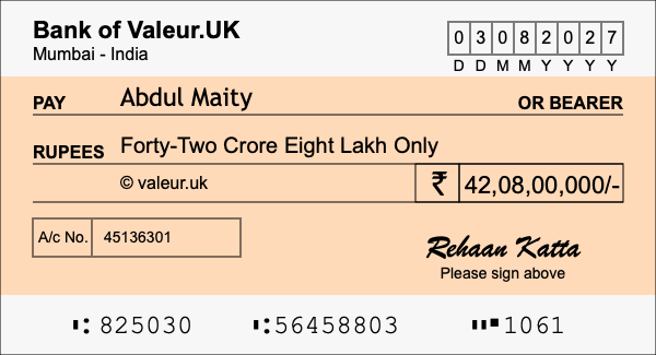 How to write a cheque for 42.08 crore rupees