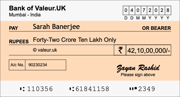 How to write a cheque for 42.1 crore rupees