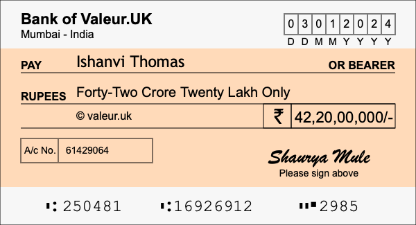 How to write a cheque for 42.2 crore rupees