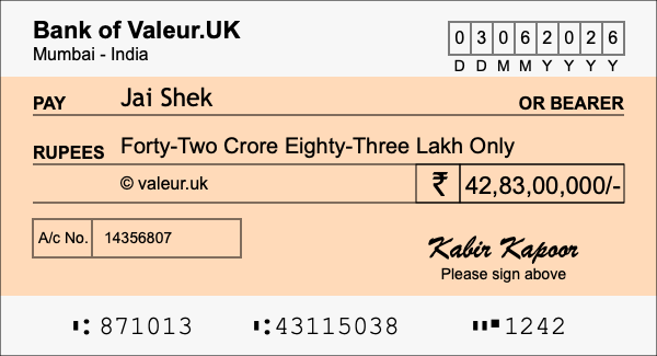 How to write a cheque for 42.83 crore rupees