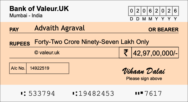 How to write a cheque for 42.97 crore rupees