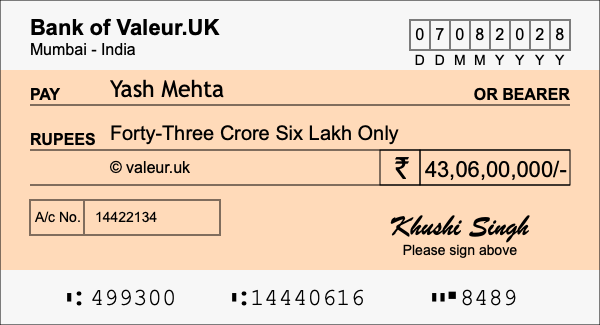 How to write a cheque for 43.06 crore rupees