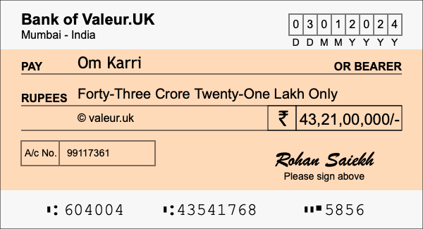 How to write a cheque for 43.21 crore rupees