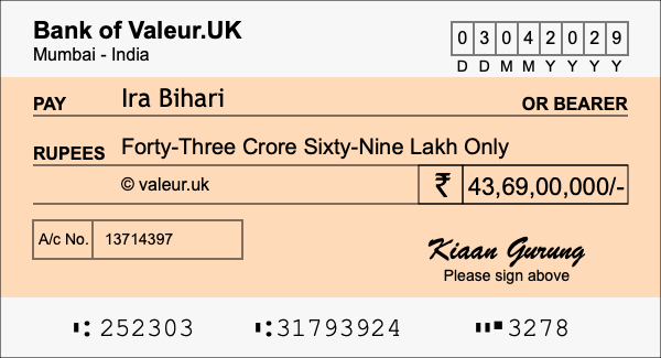 How to write a cheque for 43.69 crore rupees