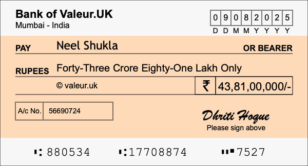 How to write a cheque for 43.81 crore rupees
