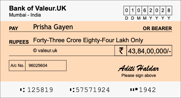 How to write a cheque for 43.84 crore rupees