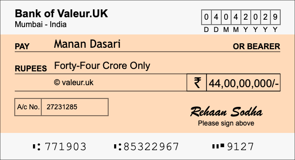 How to write a cheque for 44 crore rupees How to write a cheque for 44 crore rupees