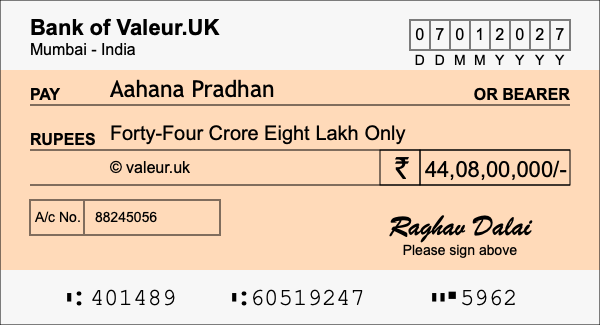 How to write a cheque for 44.08 crore rupees How to write a cheque for 44.08 crore rupees
