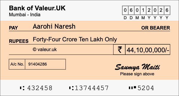 How to write a cheque for 44.1 crore rupees