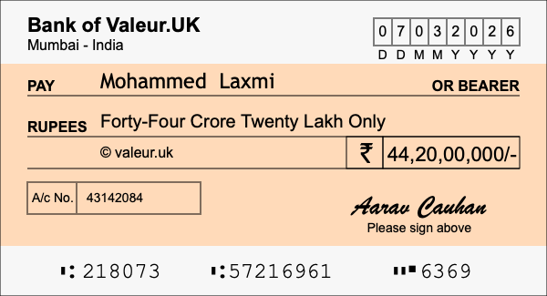How to write a cheque for 44.2 crore rupees