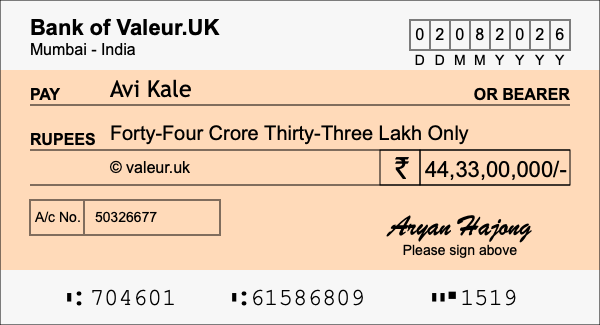 How to write a cheque for 44.33 crore rupees