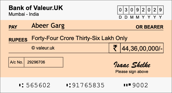 How to write a cheque for 44.36 crore rupees