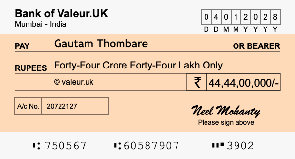 How to write a cheque for 44.44 crore rupees