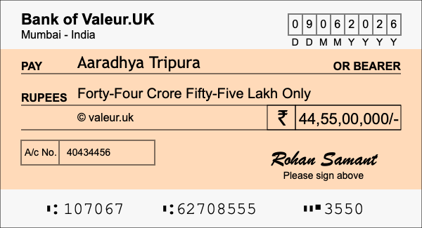 How to write a cheque for 44.55 crore rupees