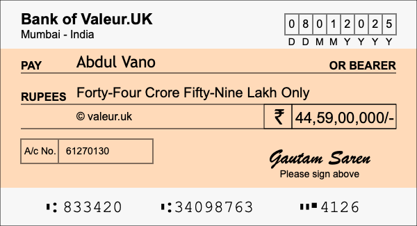 How to write a cheque for 44.59 crore rupees