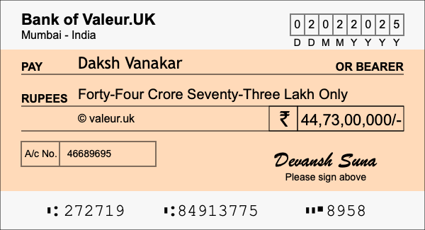 How to write a cheque for 44.73 crore rupees