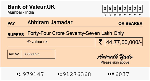 How to write a cheque for 44.77 crore rupees