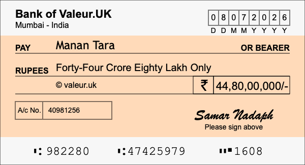 How to write a cheque for 44.8 crore rupees