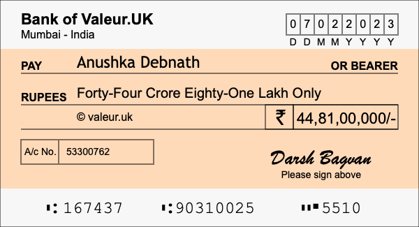 How to write a cheque for 44.81 crore rupees