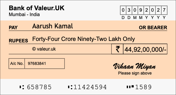 How to write a cheque for 44.92 crore rupees
