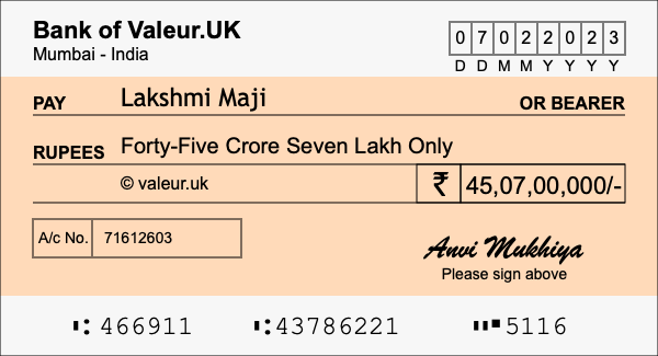 How to write a cheque for 45.07 crore rupees