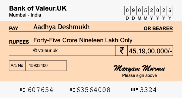 How to write a cheque for 45.19 crore rupees