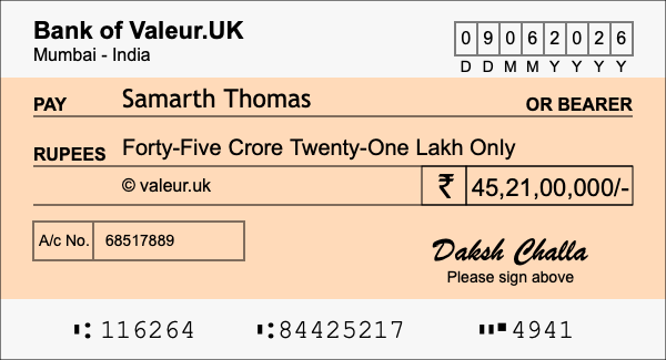 How to write a cheque for 45.21 crore rupees