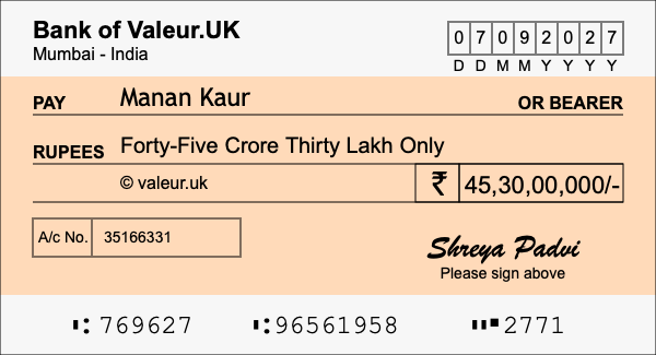 How to write a cheque for 45.3 crore rupees