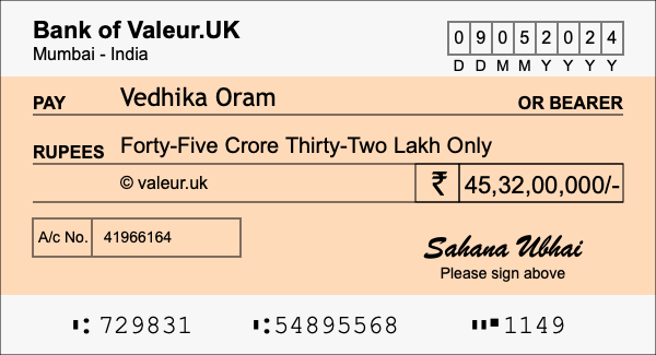 How to write a cheque for 45.32 crore rupees