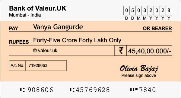 How to write a cheque for 45.4 crore rupees How to write a cheque for 45.4 crore rupees