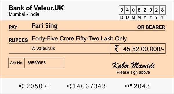 How to write a cheque for 45.52 crore rupees How to write a cheque for 45.52 crore rupees