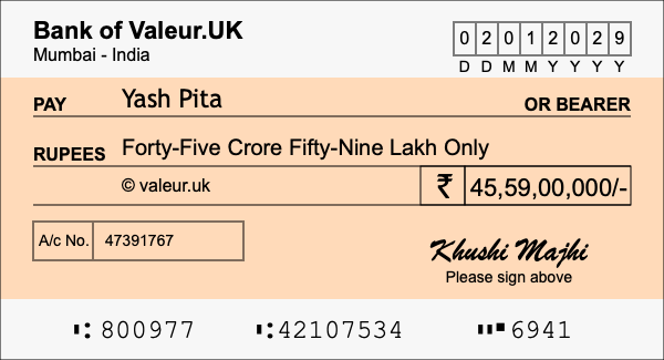 How to write a cheque for 45.59 crore rupees