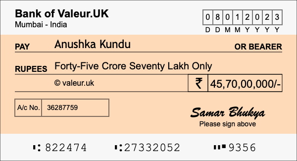 How to write a cheque for 45.7 crore rupees How to write a cheque for 45.7 crore rupees