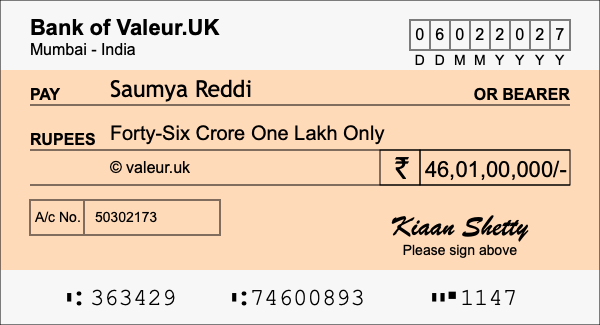 How to write a cheque for 46.01 crore rupees