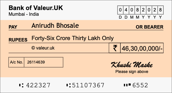 How to write a cheque for 46.3 crore rupees