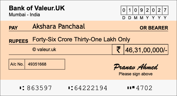 How to write a cheque for 46.31 crore rupees