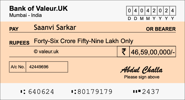 How to write a cheque for 46.59 crore rupees