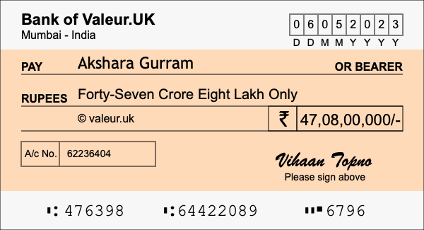 How to write a cheque for 47.08 crore rupees How to write a cheque for 47.08 crore rupees