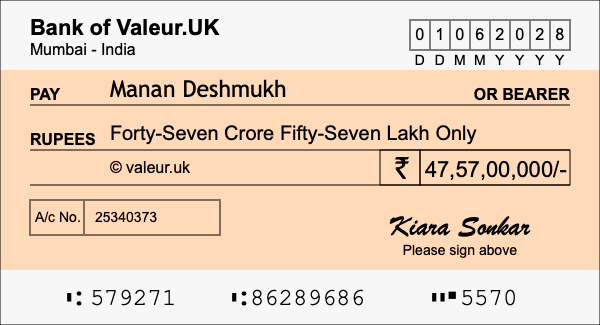 How to write a cheque for 47.57 crore rupees