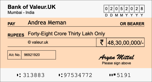 How to write a cheque for 48.3 crore rupees