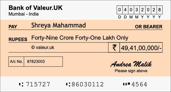 How to write a cheque for 49.41 crore rupees