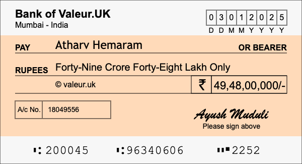 How to write a cheque for 49.48 crore rupees