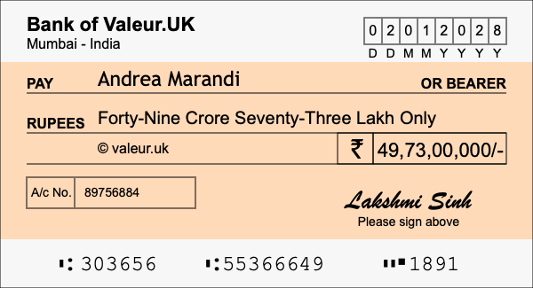 How to write a cheque for 49.73 crore rupees