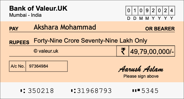 How to write a cheque for 49.79 crore rupees How to write a cheque for 49.79 crore rupees