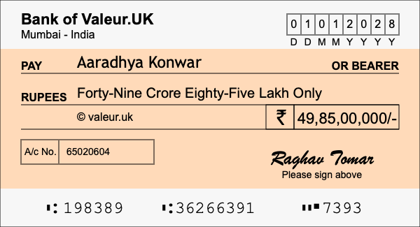 How to write a cheque for 49.85 crore rupees