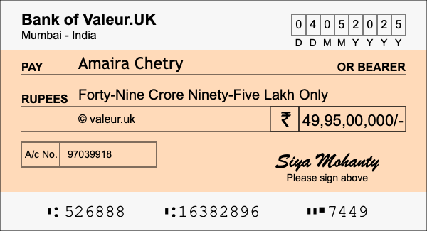 How to write a cheque for 49.95 crore rupees