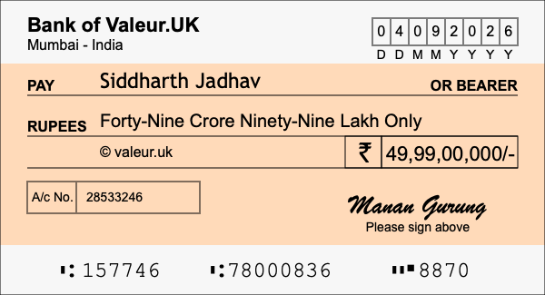 How to write a cheque for 49.99 crore rupees