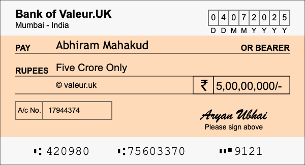 How to write a cheque for 5 crore rupees