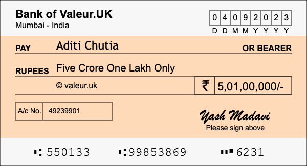 How to write a cheque for 5.01 crore rupees