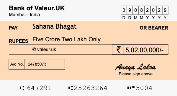 How to write a cheque for 5.02 crore rupees
